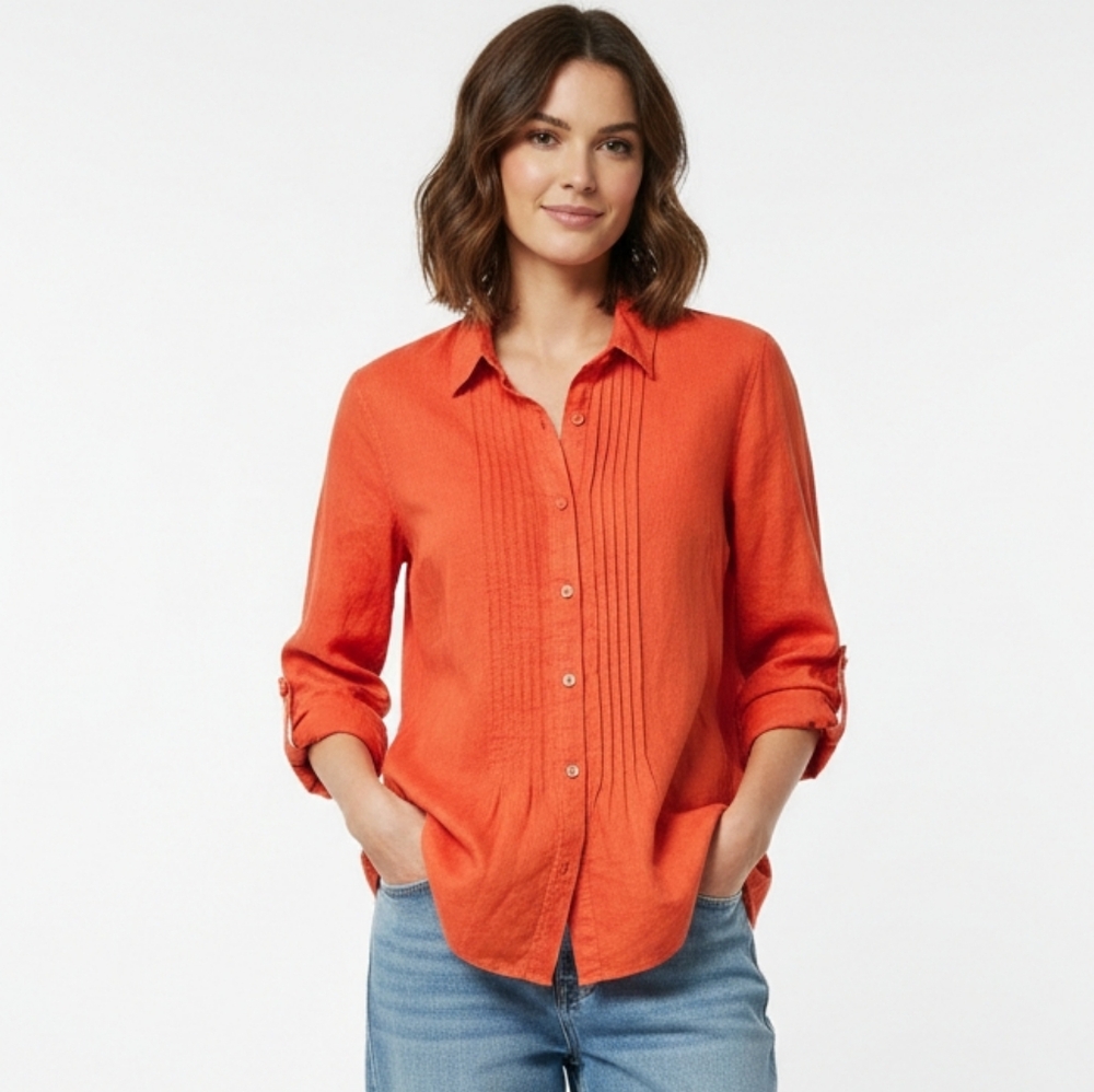 Jones New York Blouse Orange Linen Pintuck Minimalist Casual Summer L